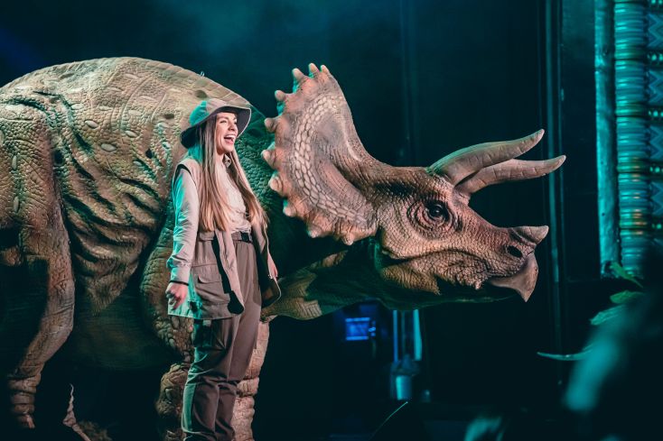 A Triceratops stands next to a ranger. 