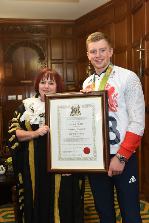 Adam Peaty awarded with the Freedom of the City by Cllr Linda Winter, Mayor of the City of Derby